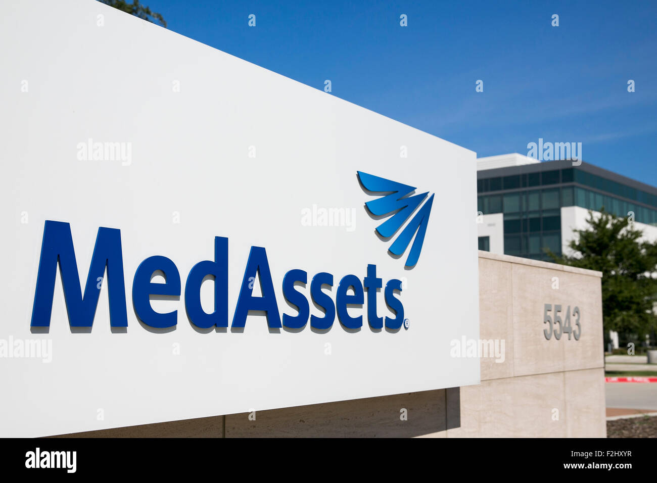 A logo sign outside of a facility occupied by MedAssets, Inc., in Plano, Texas on September 12, 2015. Stock Photo