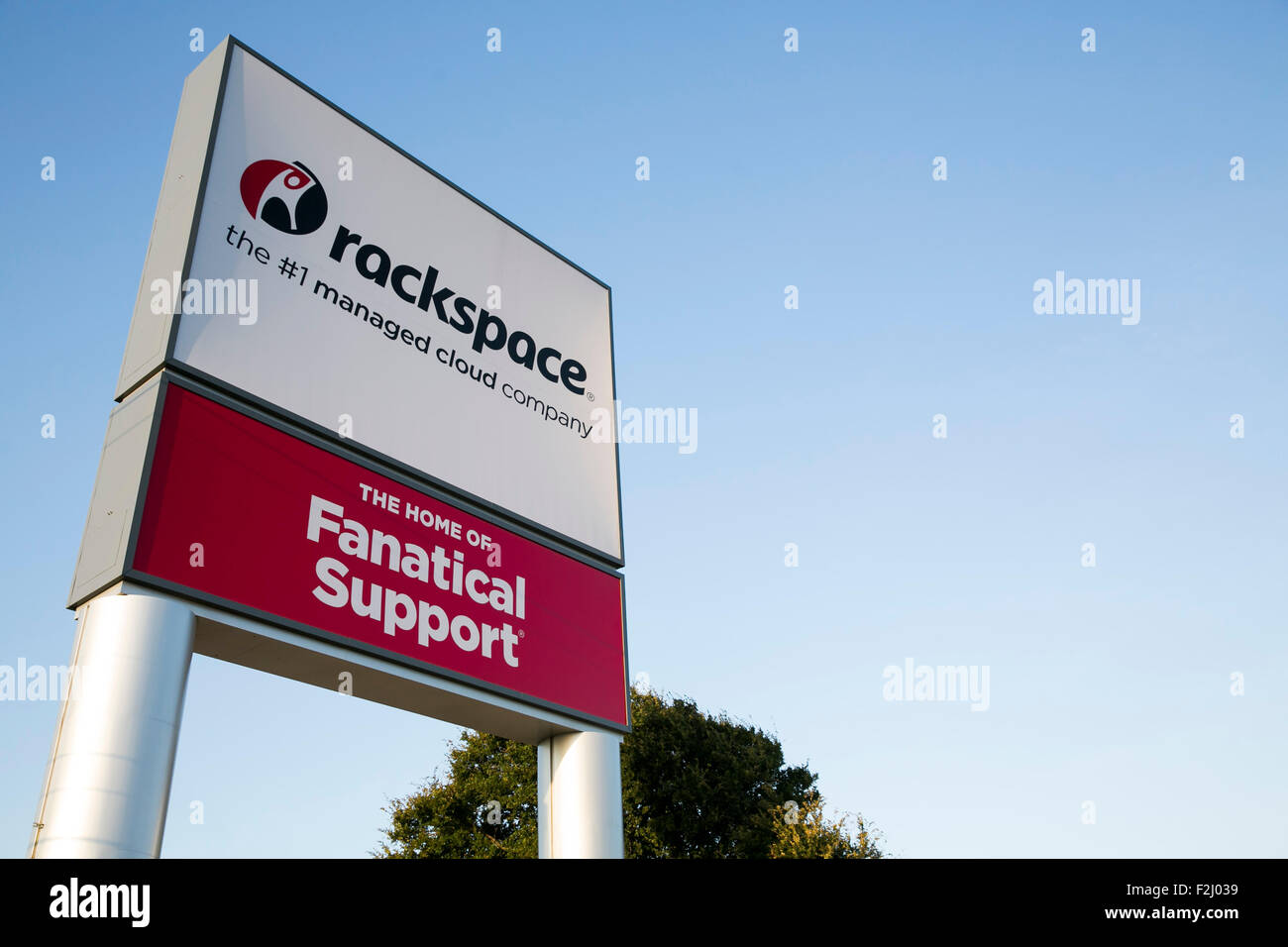 A logo sign outside of the headquarters of Rackspace Inc., in San Antonio, Texas on September 8