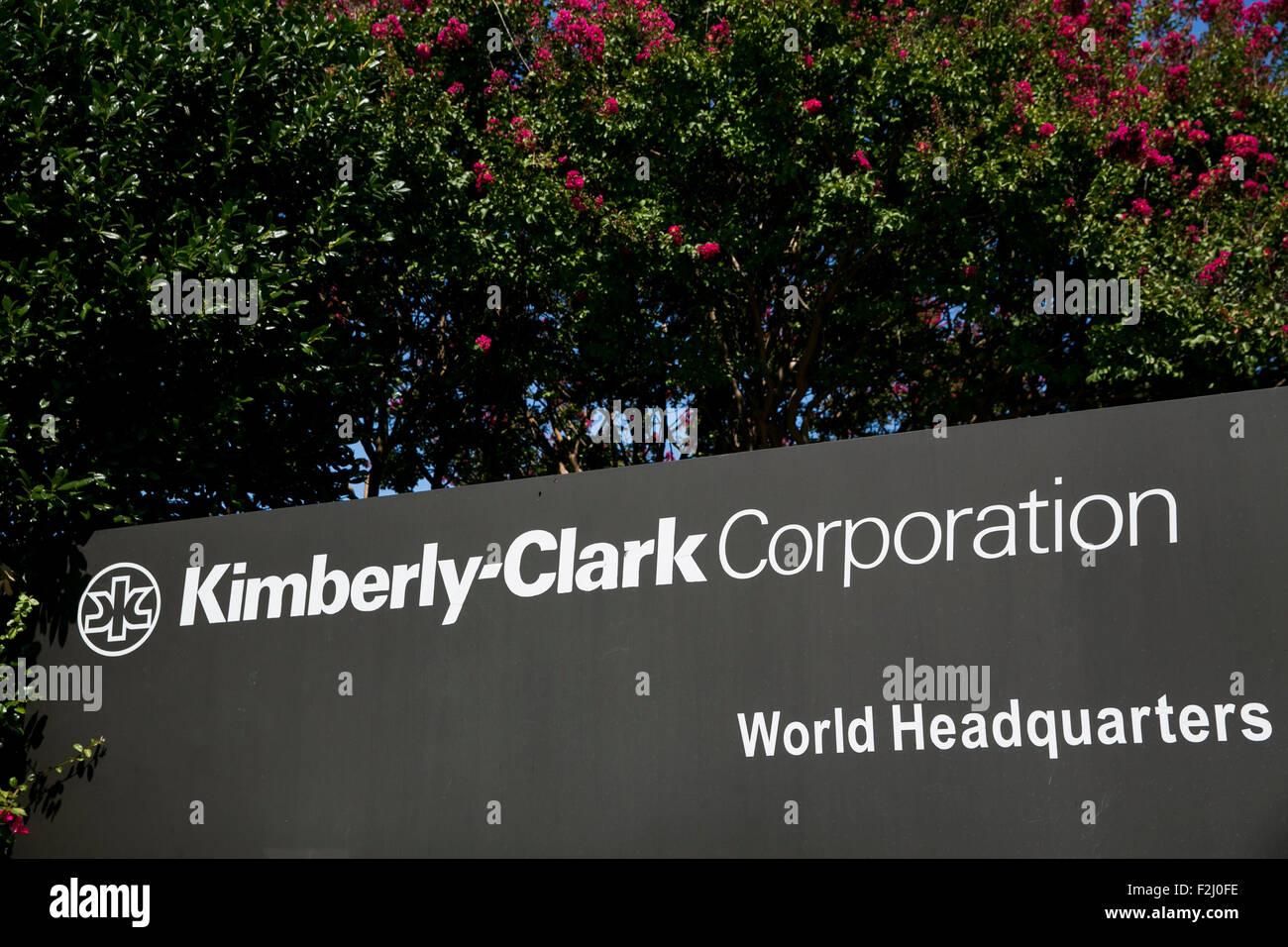 A logo sign outside of the headquarters of the Kimberly-Clark Corporation in Irving, Texas on September 13, 2015. Stock Photo