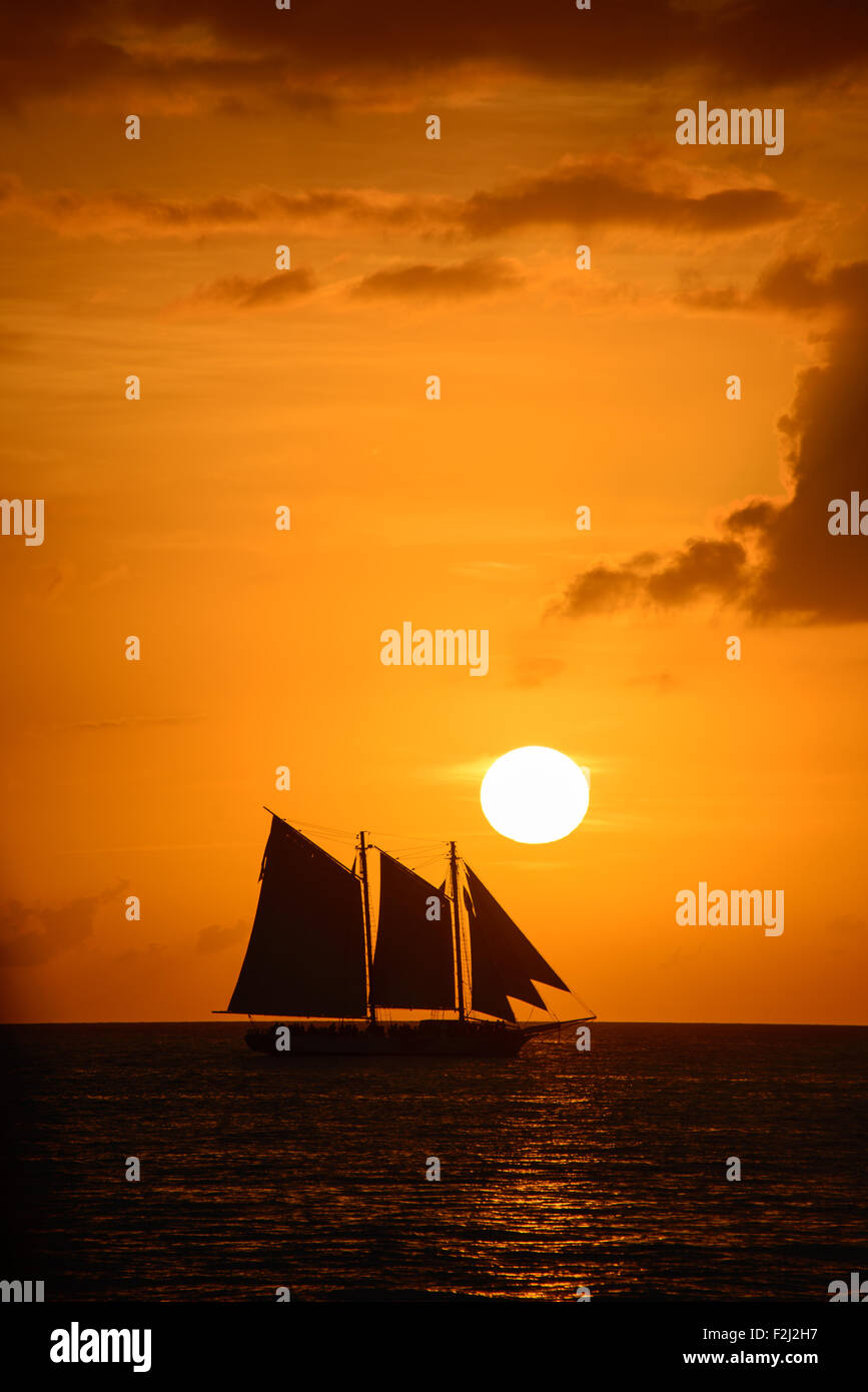 Silhouette of sailing ship in the Atlantic ocean, Key West, Monroe County, Florida, USA Stock Photo