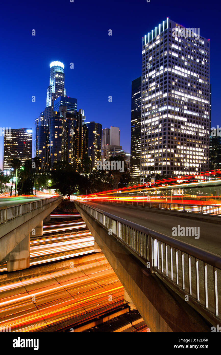 Downtown skylines lit up at night, Los Angeles, California, USA Stock Photo
