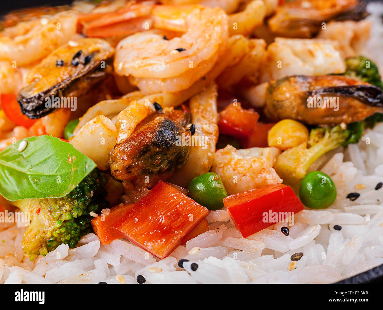 White rice with tiger shrimp and seafood mussel Stock Photo
