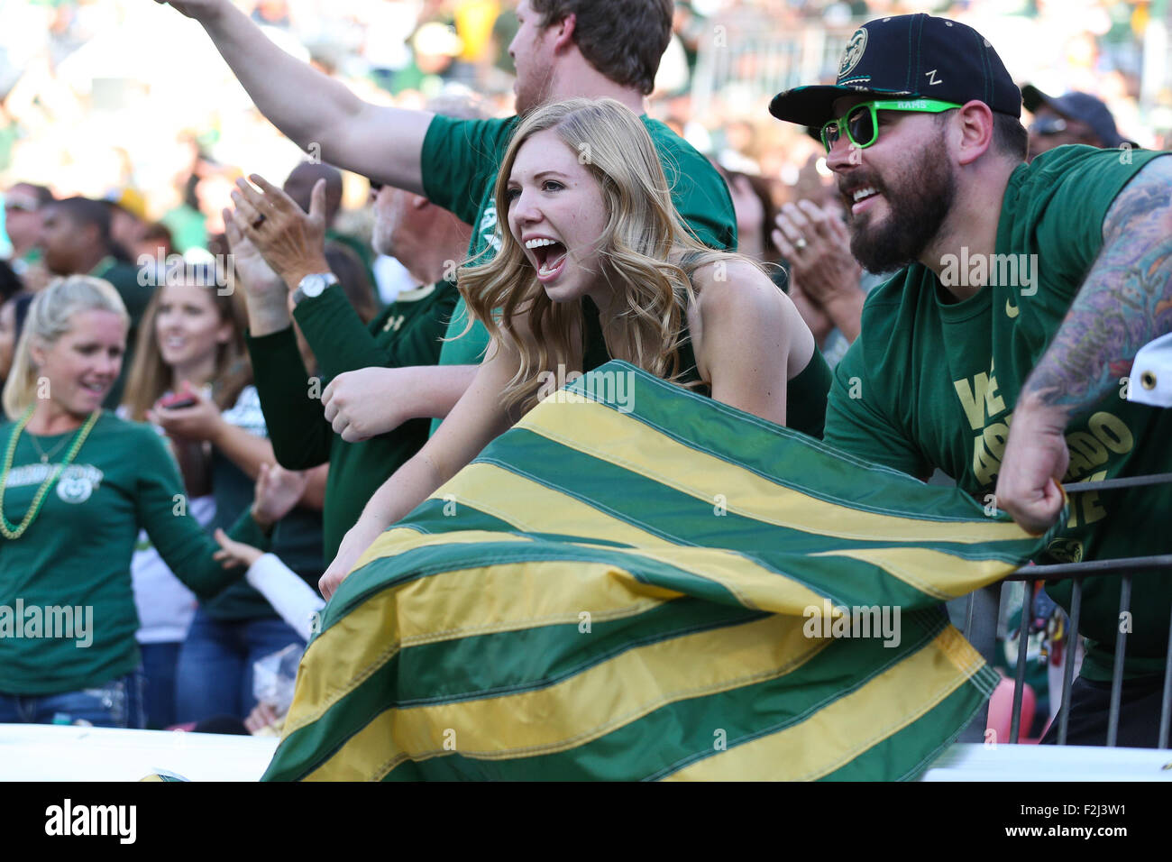 Denver, USA. 19th September, 2015. Colorado State fans cheer on the ...