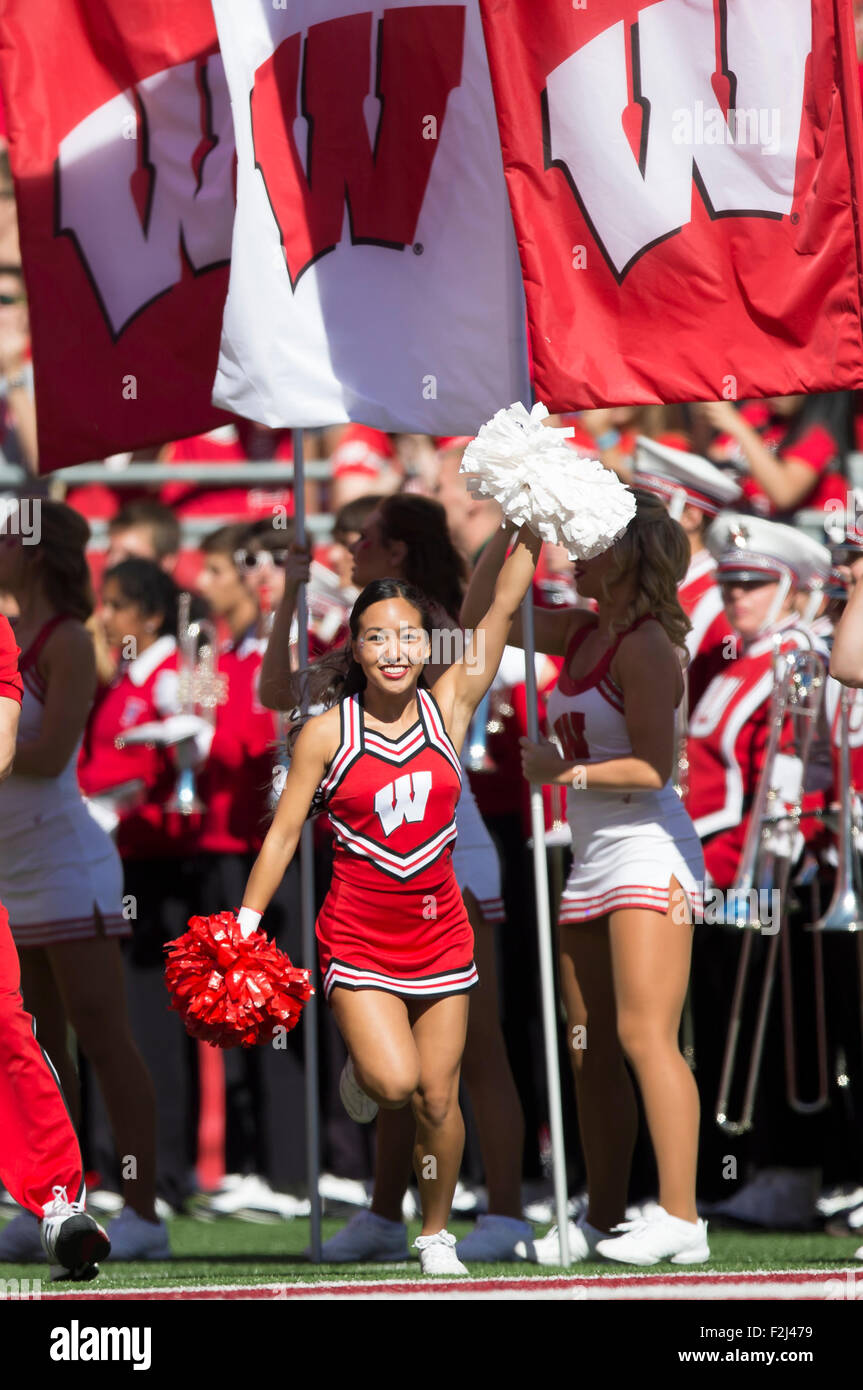 Madison, WI., USA. 19 September, 2015. Wisconsin cheerleader runs onto the field before the NCAA Football game between the Troy Trojans and the Wisconsin Badgers at Camp Randall Stadium in Madison, WI. Wisconsin defeated Troy 28-3. Credit:  Cal Sport Media/Alamy Live News Stock Photo