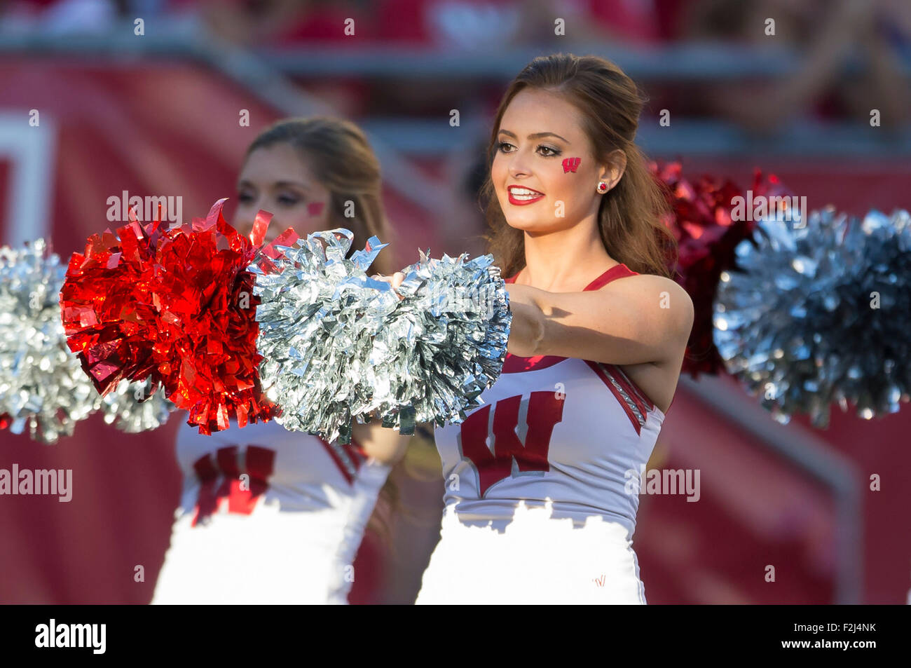 Madison, WI., USA. 19 September, 2015. Wisconsin cheerleader entertains the crowd during the NCAA Football game between the Troy Trojans and the Wisconsin Badgers at Camp Randall Stadium in Madison, WI. Wisconsin defeated Troy 28-3. Credit:  Cal Sport Media/Alamy Live News Stock Photo