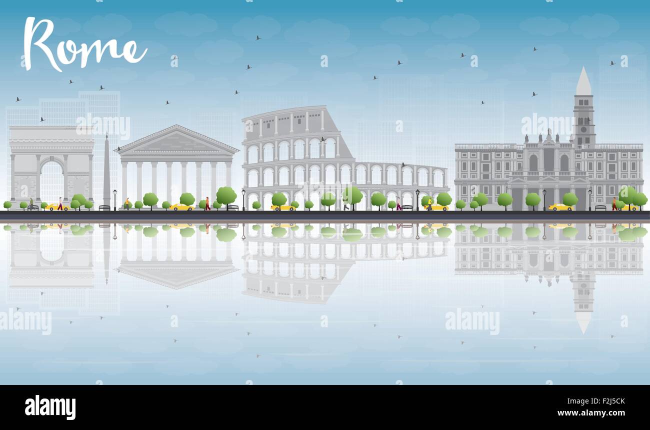 Gray Building Rome Rome skyline with grey landmarks, blue sky and reflections. Vector ...