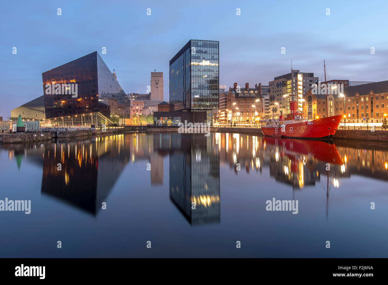 Mann Island, The Mersey Bar Lightship & Waterfront Buildings, Canning Dock, Liverpool, Merseyside. UK Stock Photo