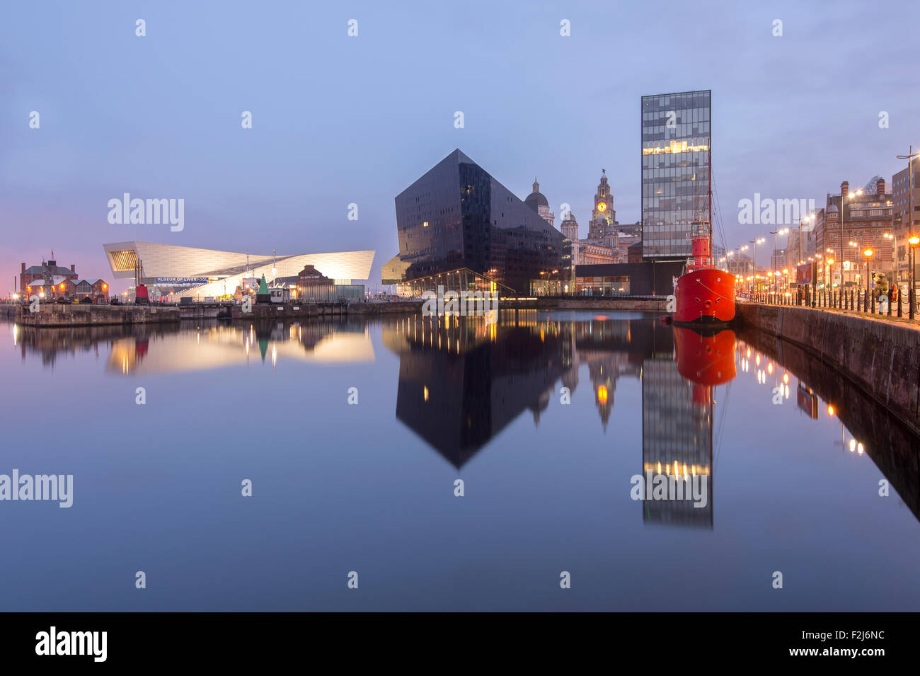 The Museum of Liverpool and Mann Island, The Mersey Bar Lightship & Waterfront Buildings, Canning Dock, Liverpool, Merseyside Stock Photo