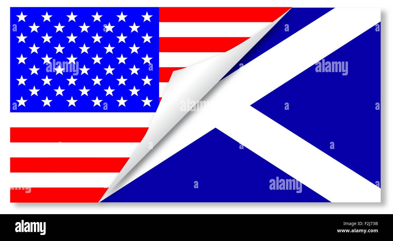 The 'Stars and Stripes' flag with a curl corner showing the Scottish flag below Stock Photo
