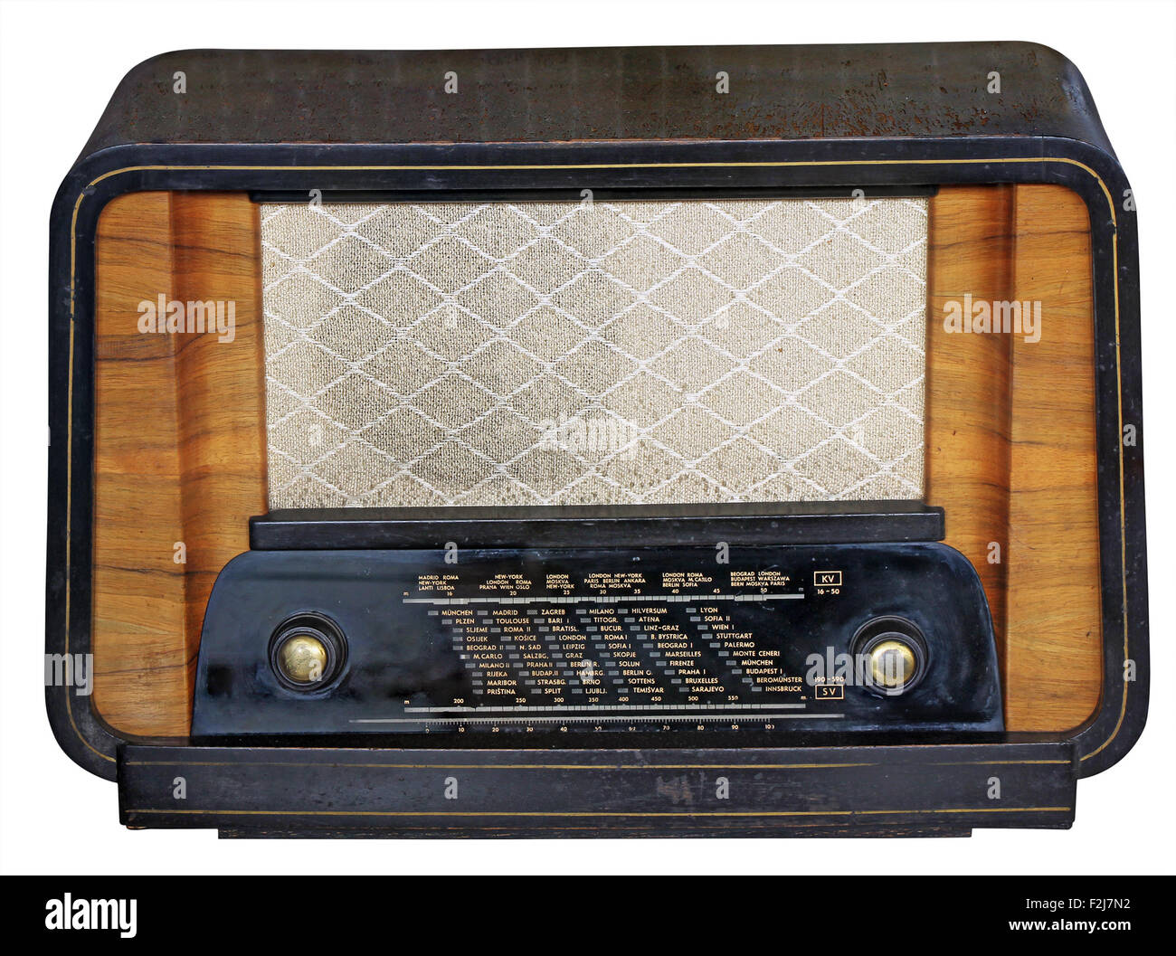 Vintage Old Wooden Tuner Radio Isolated on White Background with Clipping Path Stock Photo