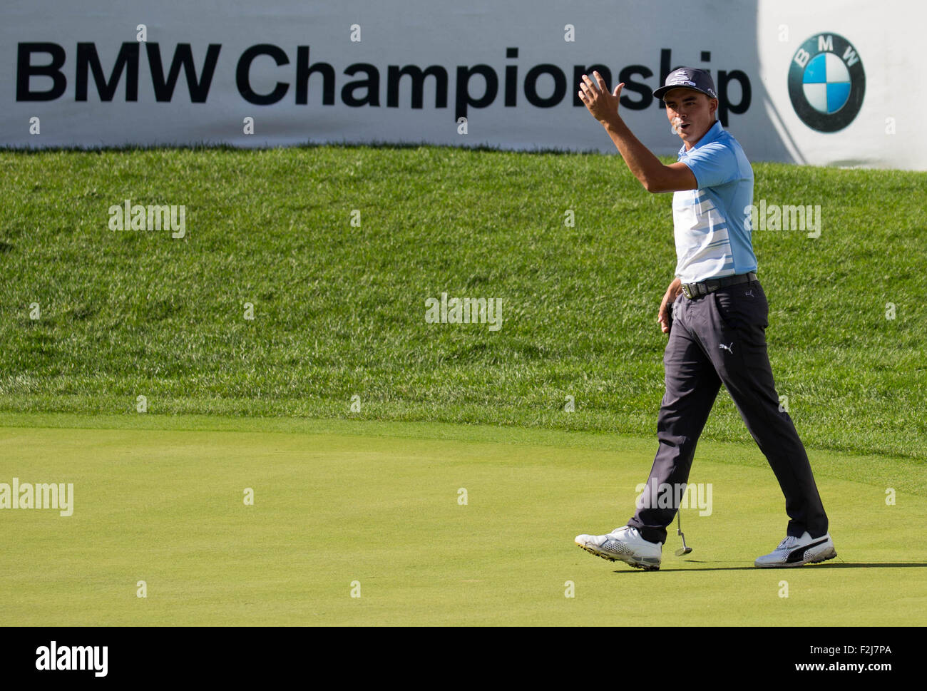Lake Forest. 20th Sep, 2015. Rickie Fowler of the United States reacts after missing a put during the 3rd day of PGA Golf BMW Championship at Conway Farms Golf Club in Lake Forest, Illinois, the United States of America on Sep, 19, 2015. Credit:  Shen Ting/Xinhua/Alamy Live News Stock Photo