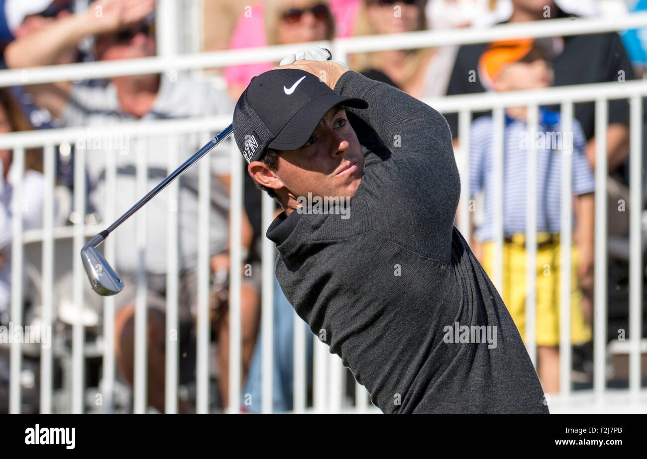 Lake Forest. 20th Sep, 2015. Rory McIlroy of Northern Ireland tees off from the 17th tee during the 3rd day of PGA Golf BMW Championship at Conway Farms Golf Club in Lake Forest, Illinois, the United States of America on Sep, 19, 2015. Credit:  Shen Ting/Xinhua/Alamy Live News Stock Photo