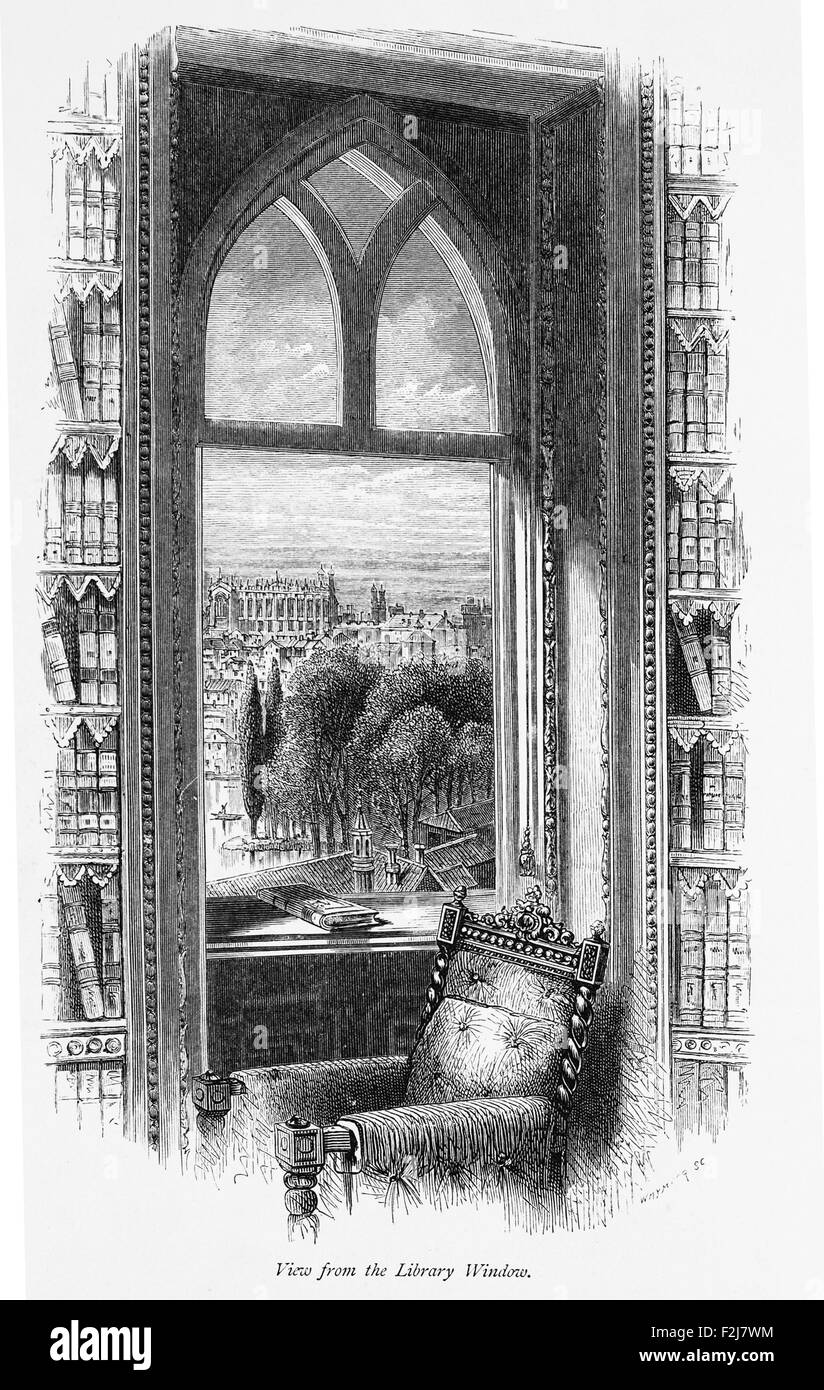 Charles 1st View from Hampton Court Palace Window_Illustration from 'The British isles,Cassell Petter & Galpin Part 6 Picturesque Europe. Picturesque Europe was an illustrated set of Magazines published by Cassell, Petter, Galpin & Co. of London, Paris and New York in 1877. The publications depicted tourist haunts in Europe, with text descriptions and steel and wood engravings by eminent artists of the time, such as Harry Fenn, William H J Boot, Thomas C. L. Rowbotham, Henry T. Green , Myles B. Foster, John Mogford , David H. McKewan, William L. Leitch, Edmund M. Wimperis and Joseph B. Smith. Stock Photo