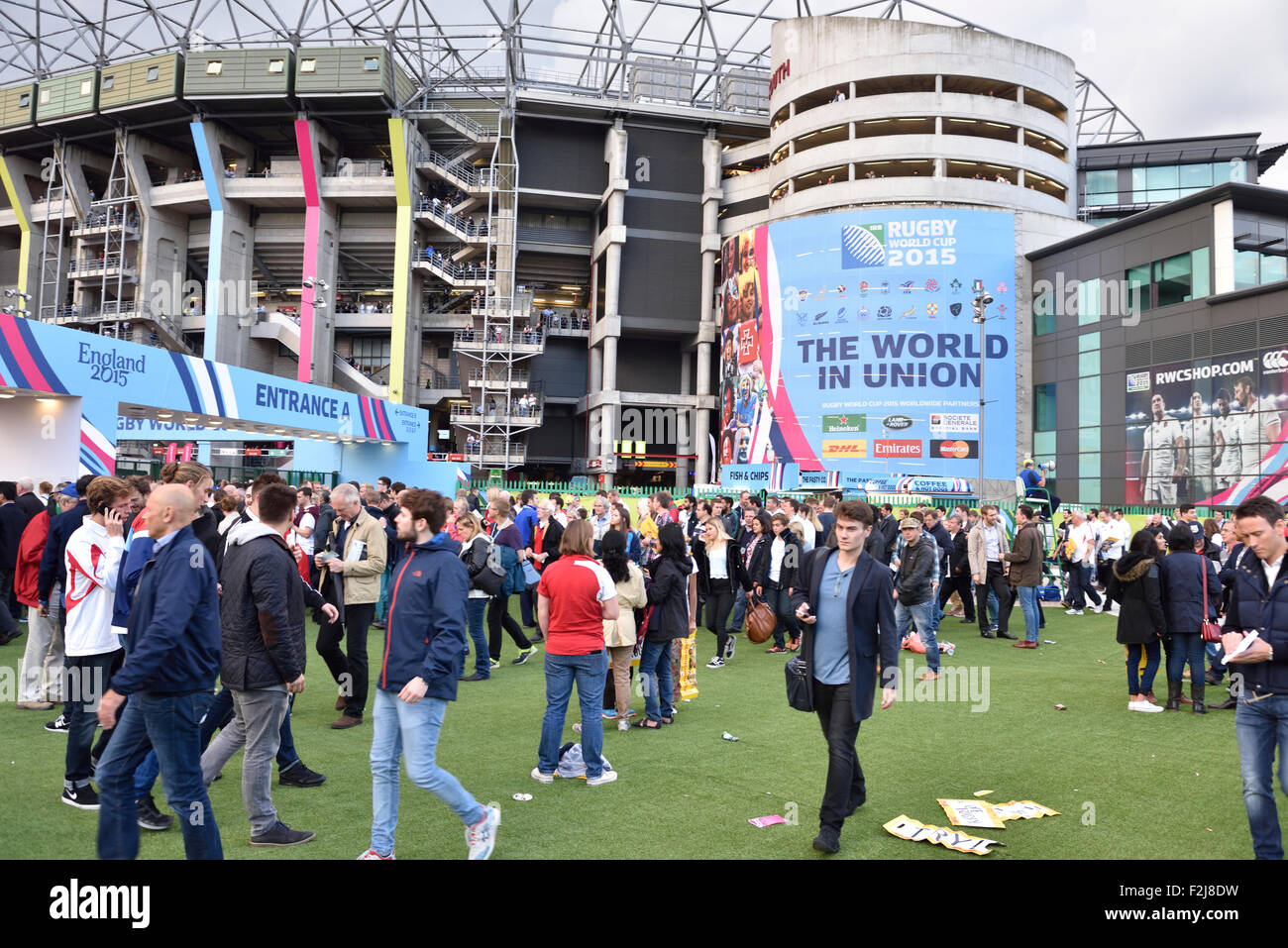 Rugby supporters at Twickenham stadium for the opening game of the 2015 World Cup Stock Photo