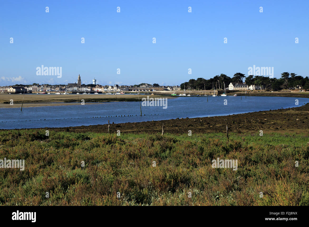 View of Le Croisic from across salt marsh at Pointe de Pen Bron, Guerande, Loire-Atlantique, France Stock Photo