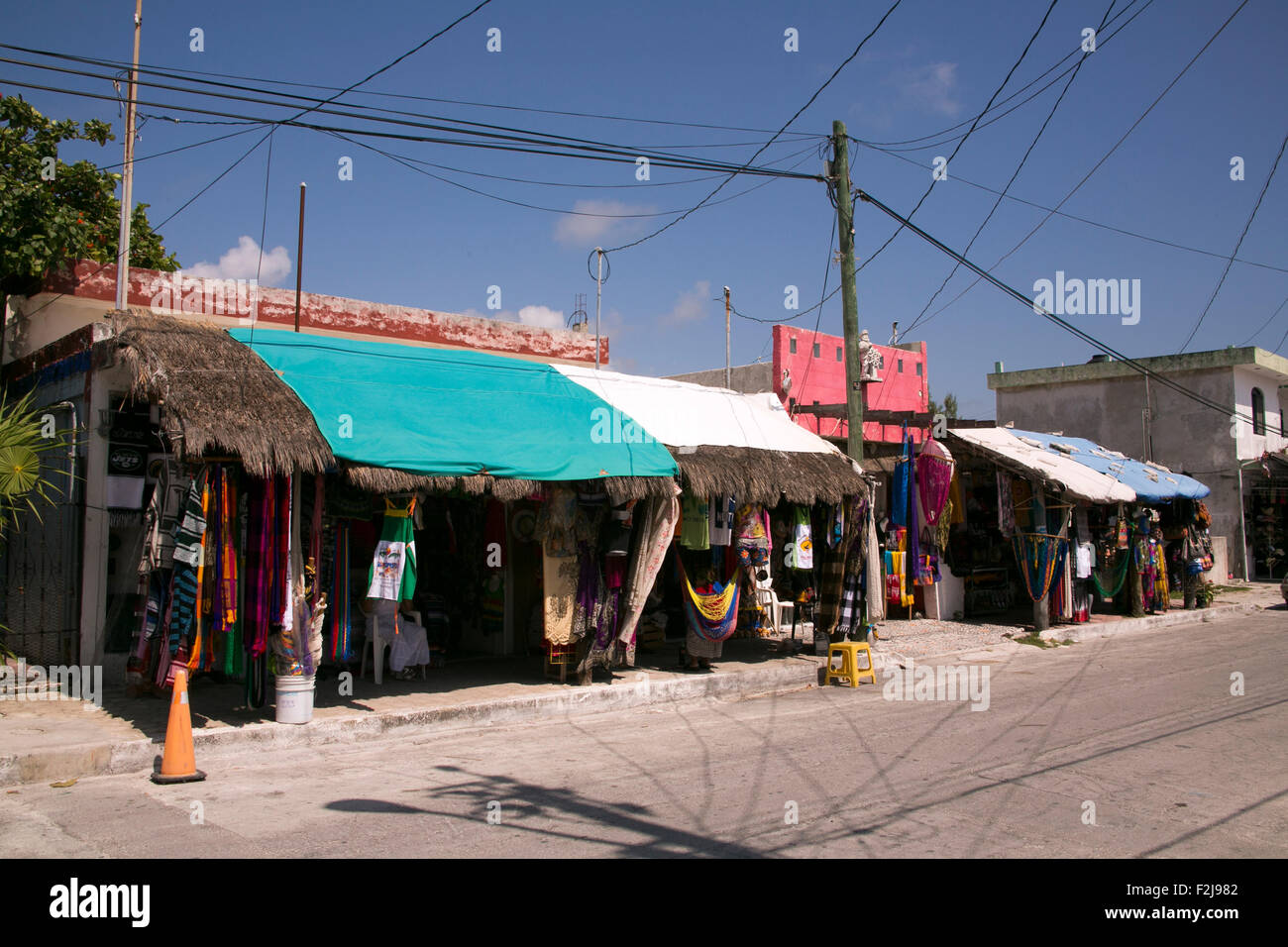 Tourist shops in Puerto Morelos, Mexico. Stock Photo
