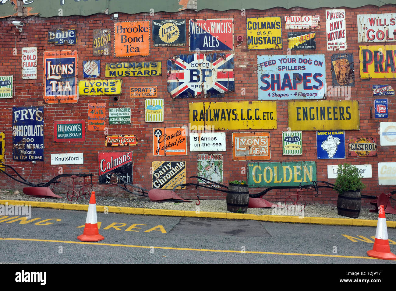 Vintage enamel advertising signs at Bygone Times antiques centre, Eccleston, Chorley