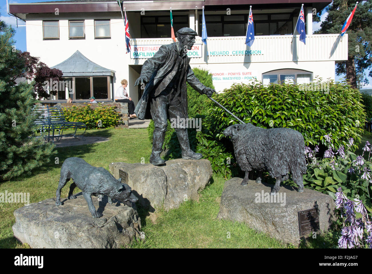Bronze statue of shepherd and collie sheepdog with a sheep at the Royal Welsh Showground, Wales. Stock Photo