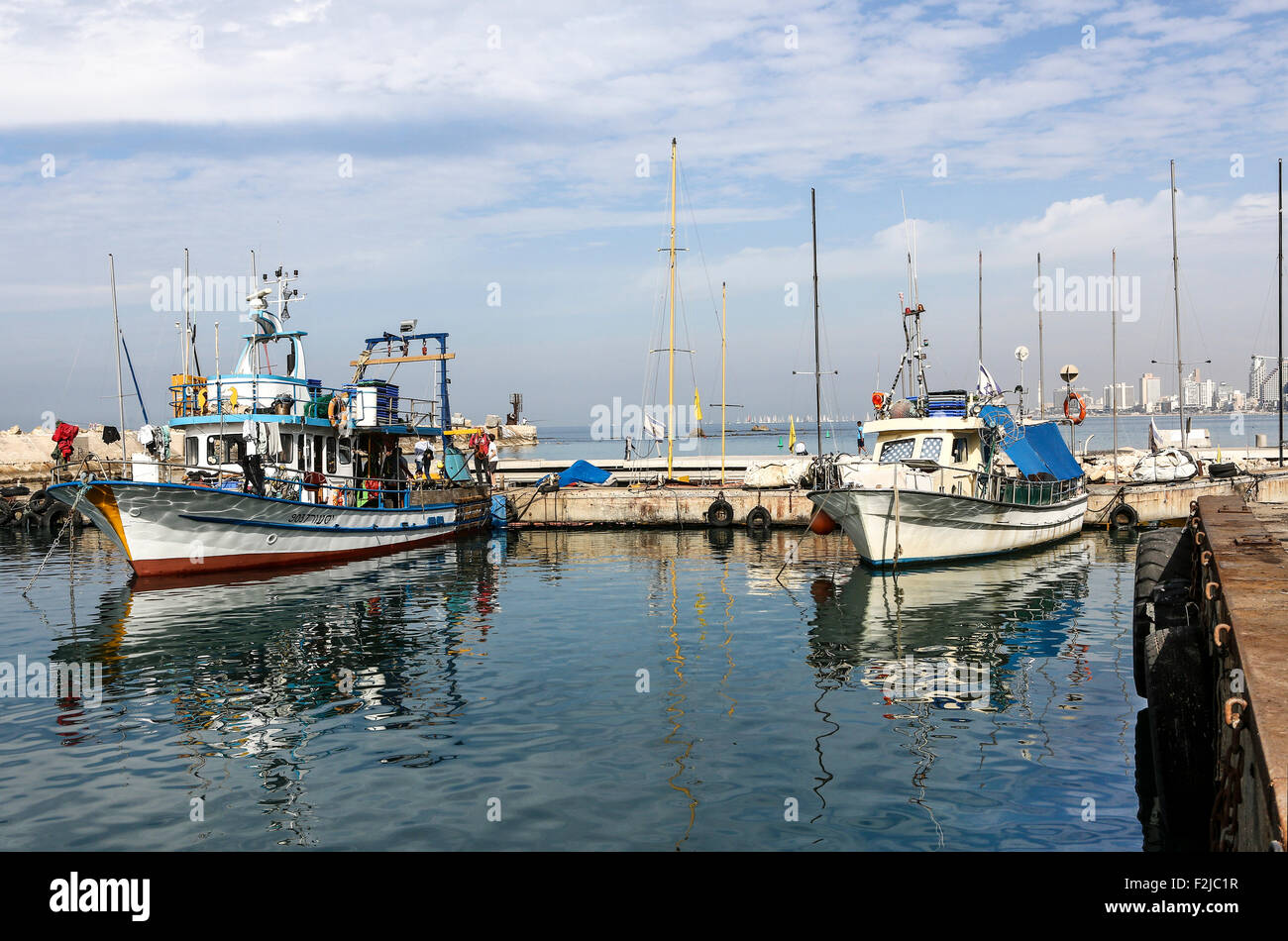 Israel, Jaffa, Fishing boats in the ancient port Stock Photo