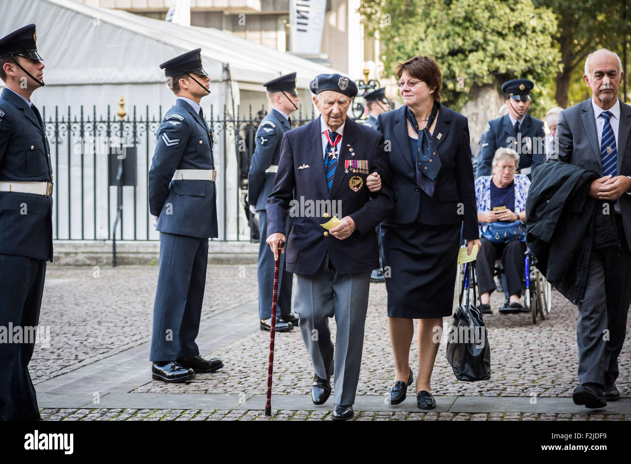 London, UK. 20th September, 2015.  A Polish Air Force veteran arrives accompanied by family. War veterans, serving world military and guests attend the Battle of Britain Service of Thanksgiving at Church House, Westminster Credit:  Guy Corbishley/Alamy Live News Stock Photo