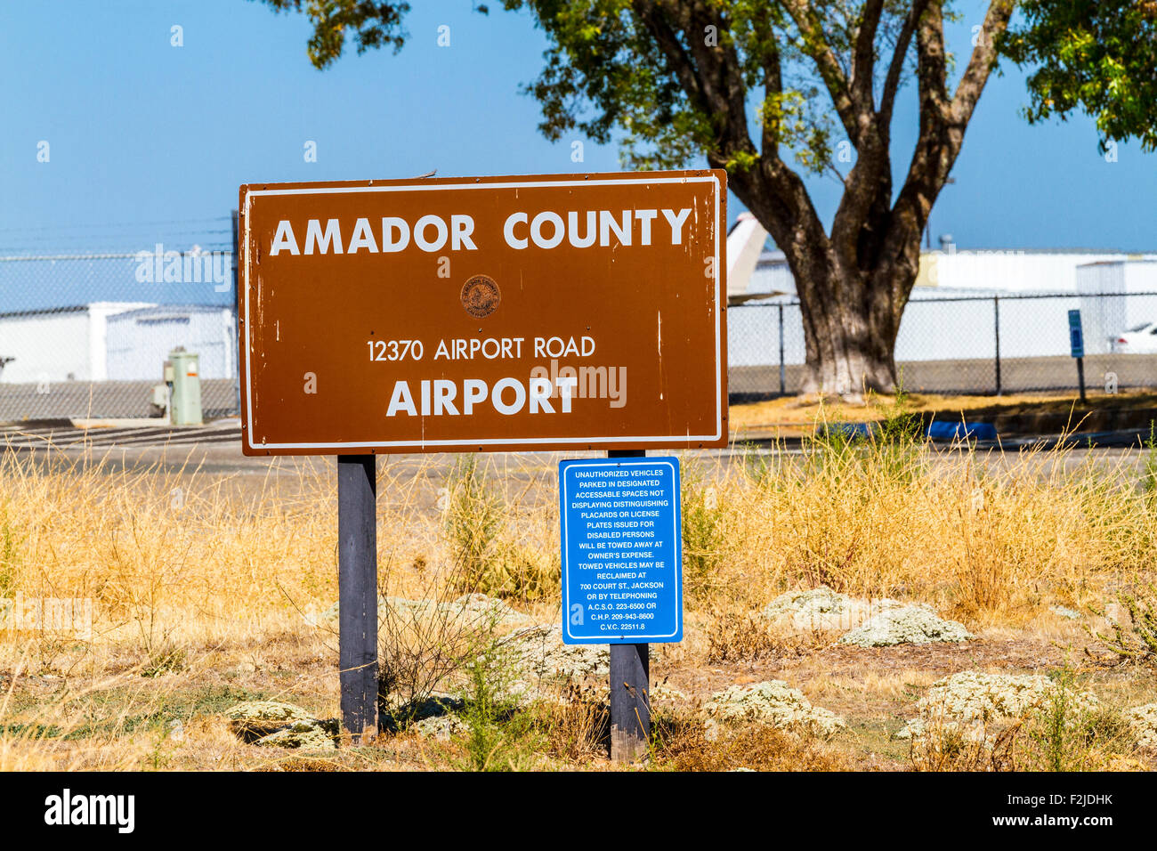 A sign for Amador County Airport near Jackson California Stock Photo