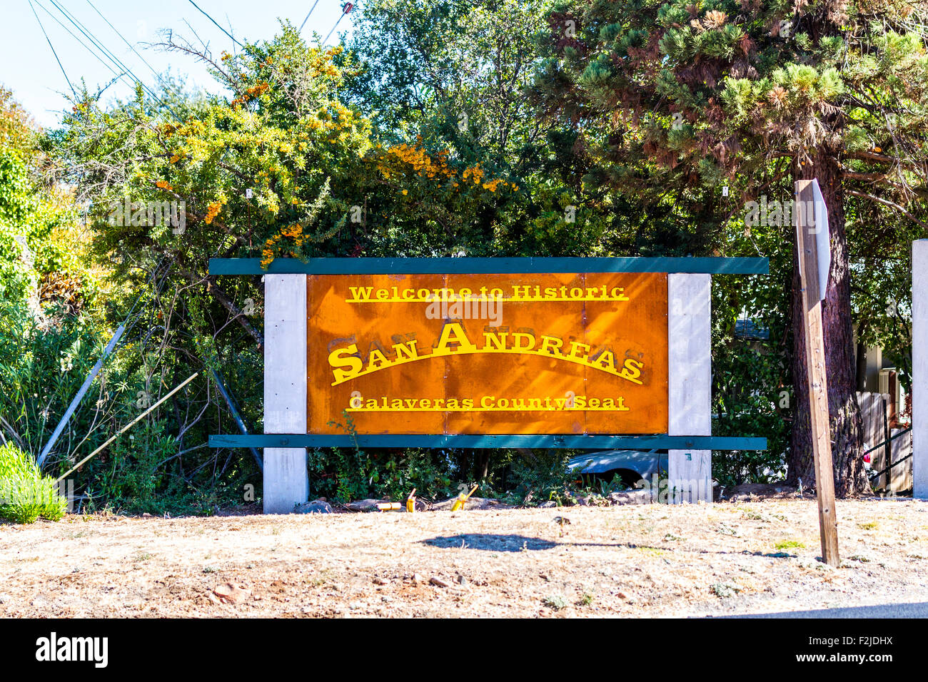 A sign for San Andreas California in Gold country along highway 49 close to the huge Butte fire Stock Photo