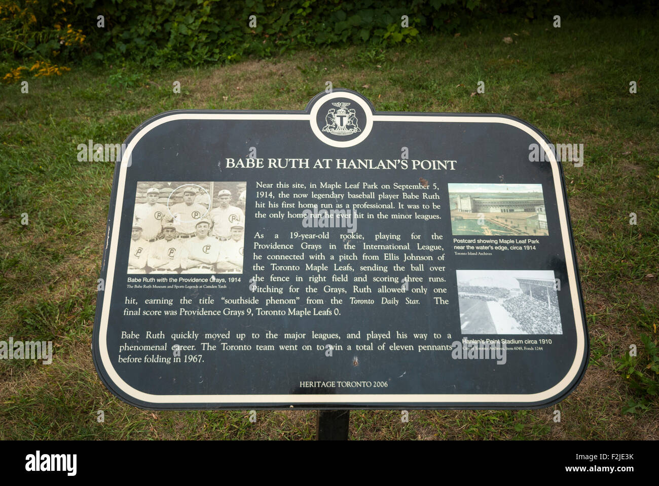 A plaque located at Hanlan's point on Toronto island the site of Babe Ruth's first home run as a professional baseball player. Stock Photo