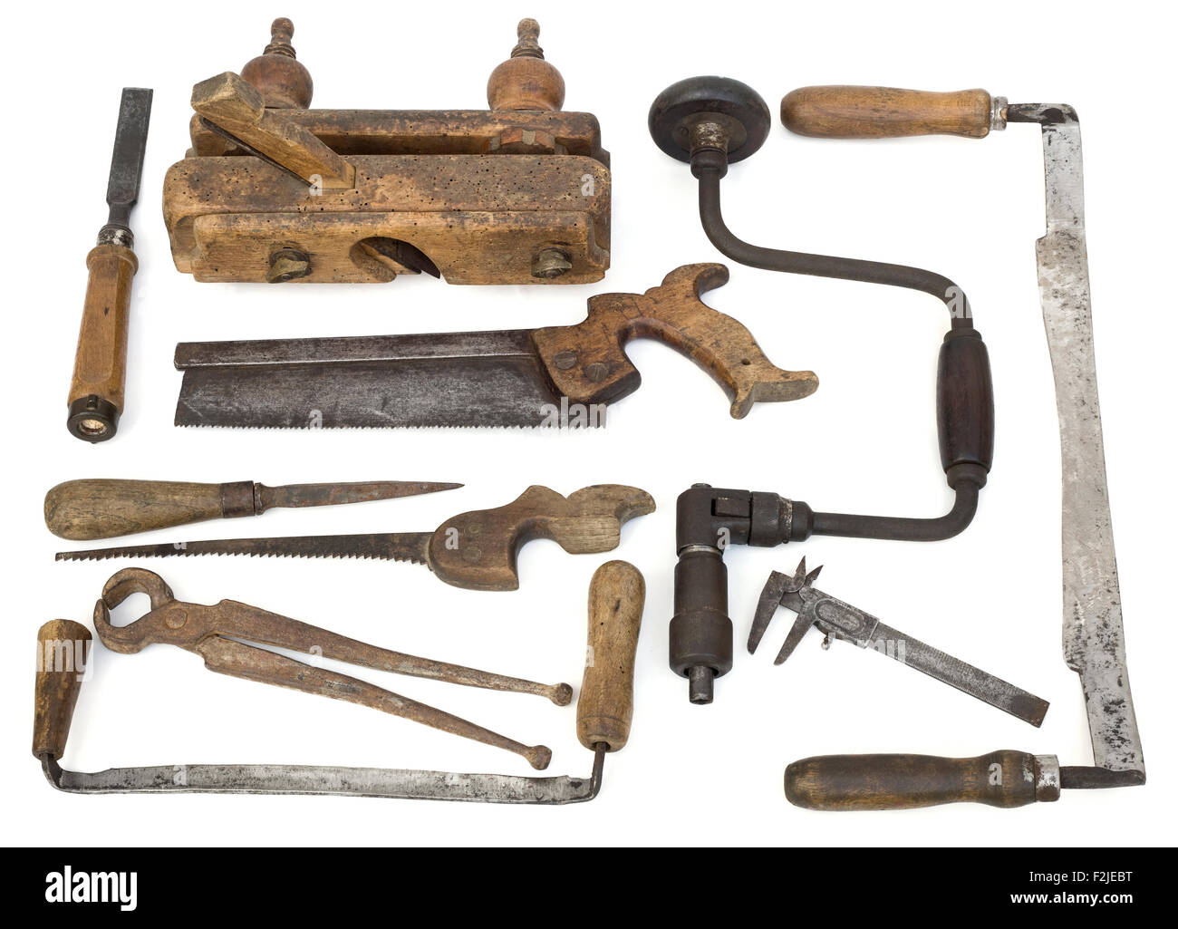 Old Carpenter Tools on White Background Stock Photo