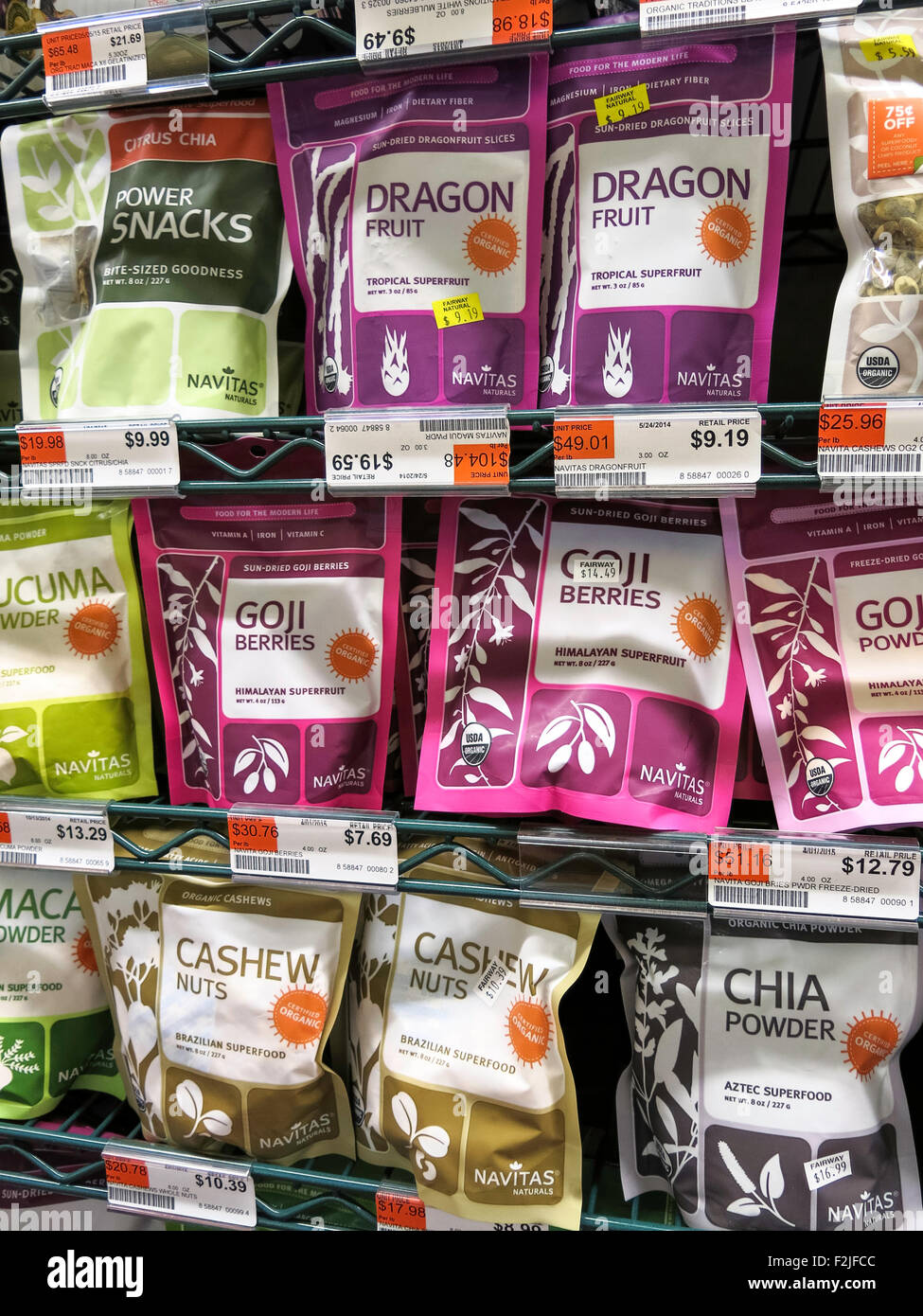 Natural and Healthy Fruit and Nut Snack Bags, Fairway Super Market, New York City, USA Stock Photo