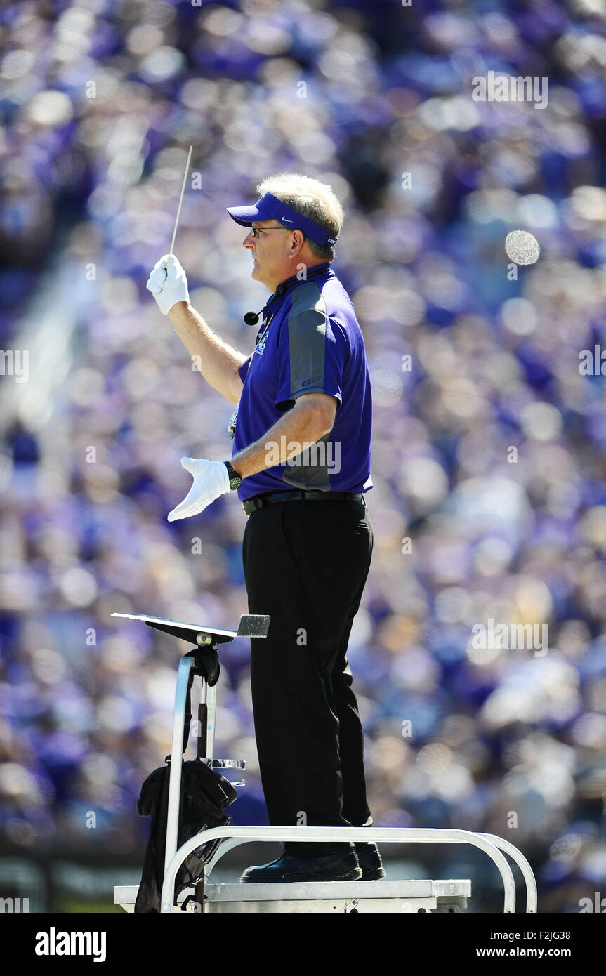 Manhattan, Kansas, USA. 19th Sep, 2015. Dr. Frank Tracz returned to lead the Kansas State Marching Band following a questionable halftime show in their opener attacking rival Kansas University during the NCAA Football game between Louisiana Tech and Kansas State at Bill Snyder Family Stadium in Manhattan, Kansas. Kendall Shaw/CSM/Alamy Live News Stock Photo