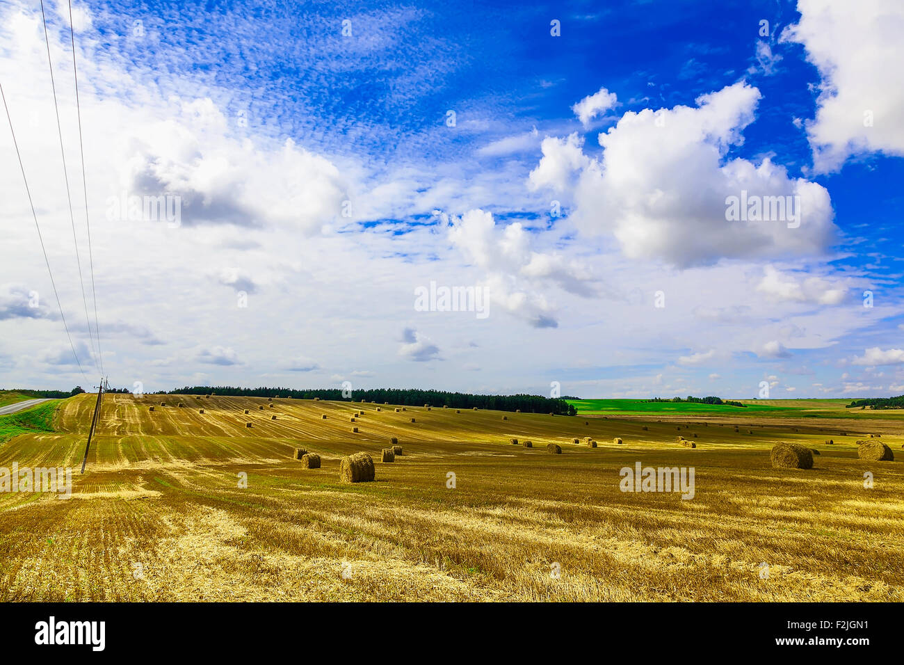 Round Straw Bales in a Field at end of Summer at Day with Clouds, Blue ...