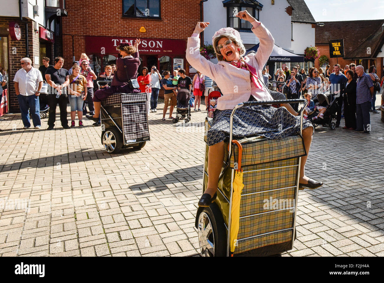 South Woodham Ferrers, UK. 20th September, 2015. The world's first and only shopping dance display team, Granny Turismo, perform in South Woodham Ferrers town centre. Credit:  Gordon Scammell/Alamy Live News Stock Photo