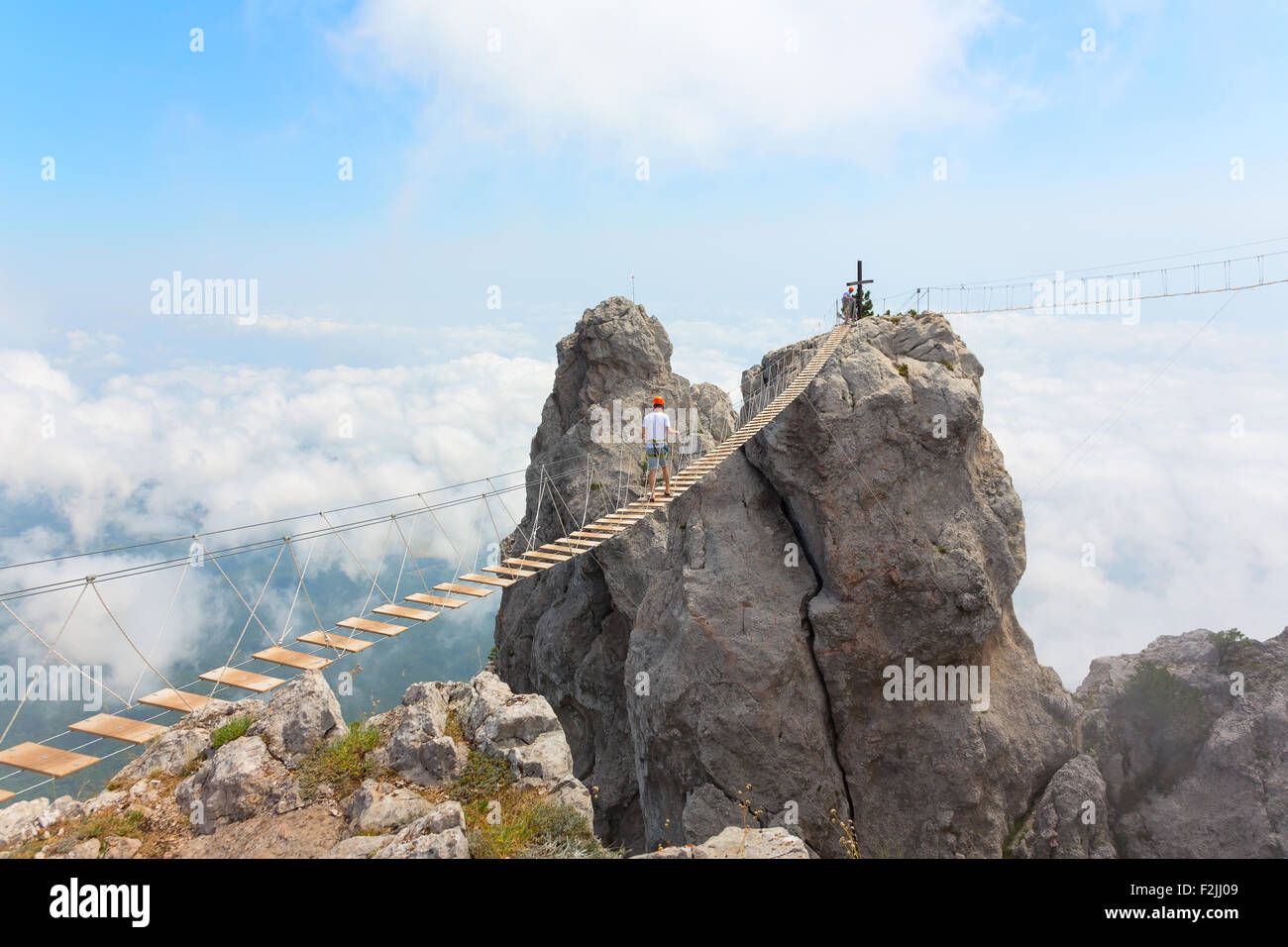 Rope bridge over the precipice on Mount Ai-Petri Stock Photo