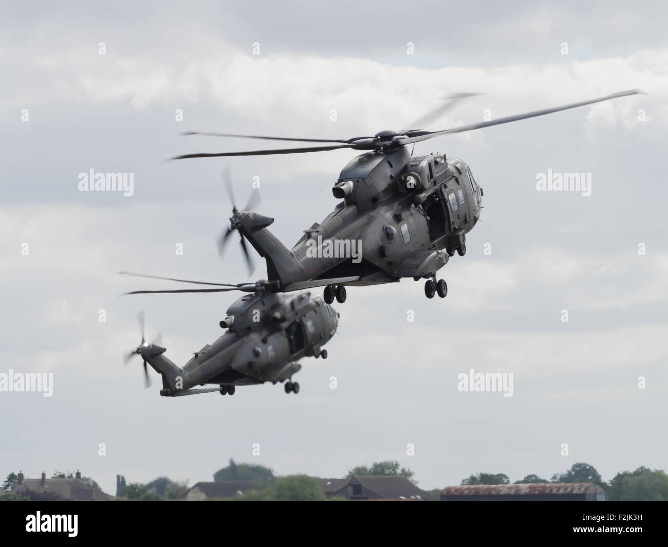 Yeovilton, UK - 11th July 2015: Royal Navy Merlin helicopters flying at Yeovilton Air Day. Stock Photo