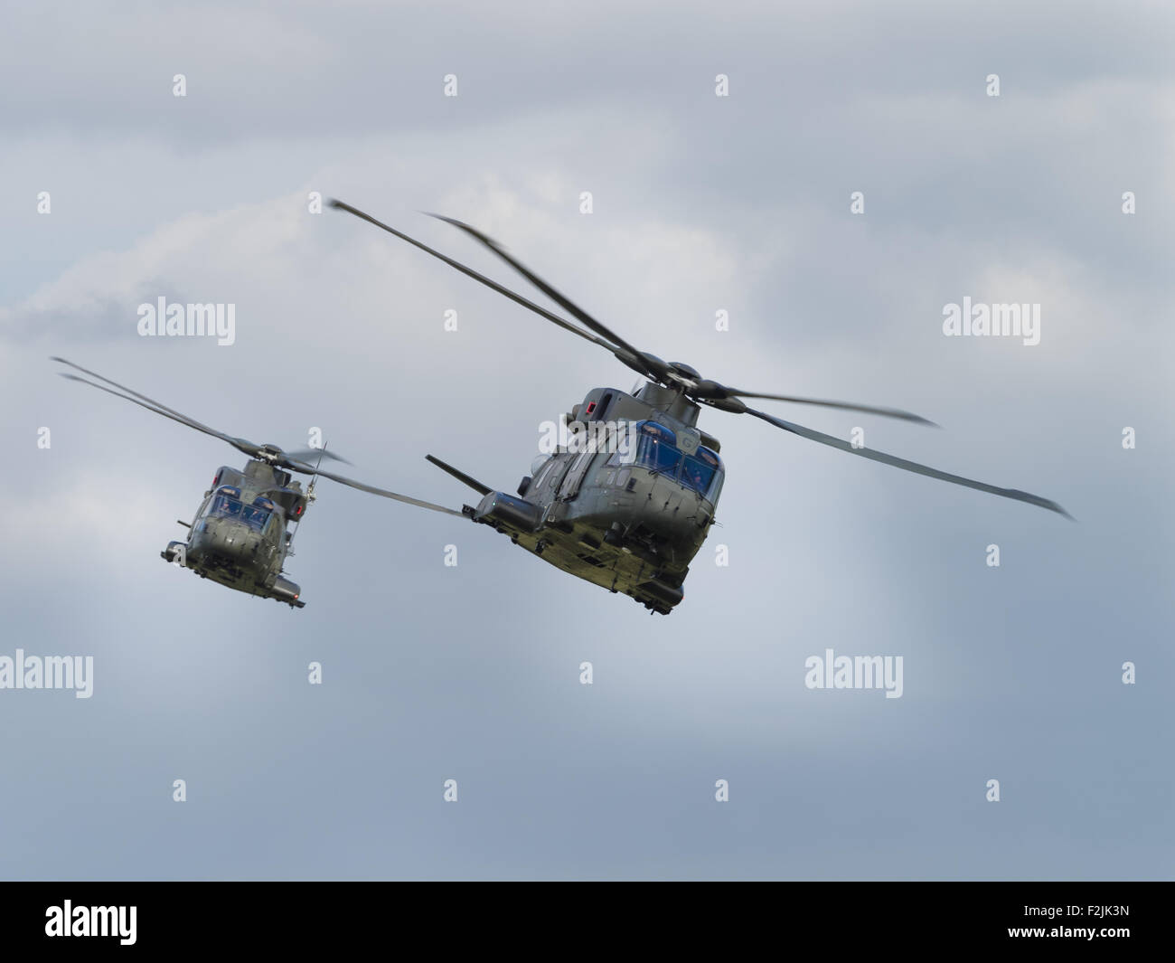 Yeovilton, UK - 11th July 2015: Royal Navy Merlin helicopters flying at Yeovilton Air Day. Stock Photo