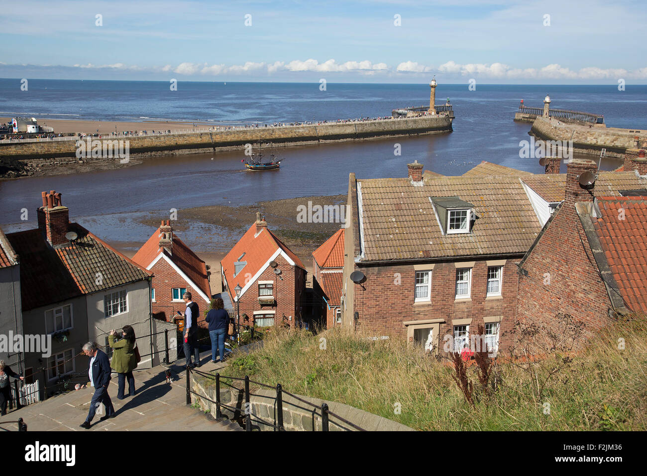 199 steps up to the East Cliff. Once these stairs used to be wooden and were constructed to help pallbearers. Whitby, Yorkshire. Stock Photo