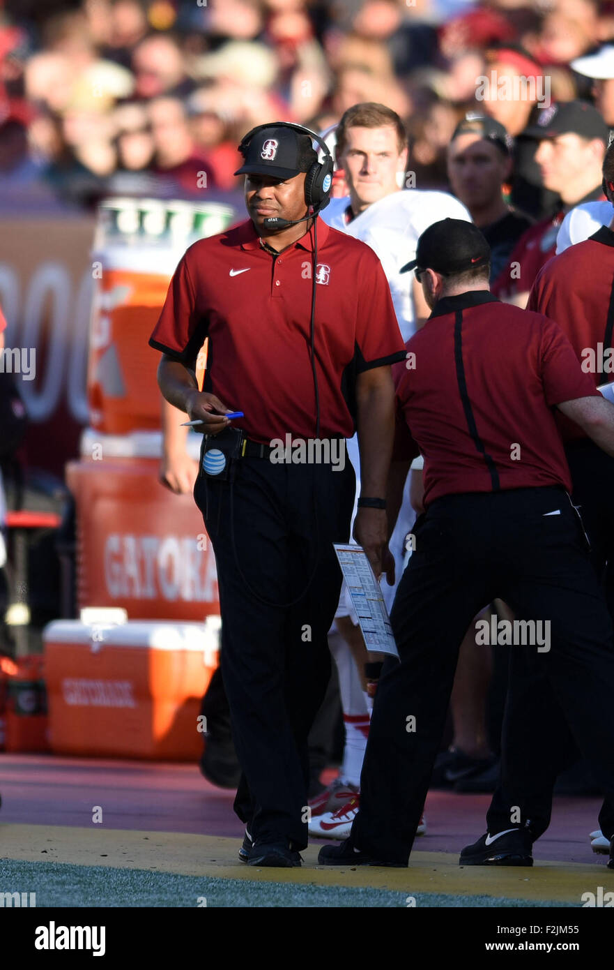 Los Angeles, CA, USA. 19th Sep, 2015. David Shaw Head Coach of Stanford during the NCAA Football game between the Stanford Cardinal and the USC Trojans at the Coliseum in Los Angeles, California John Green/CSM/Alamy Live News Stock Photo