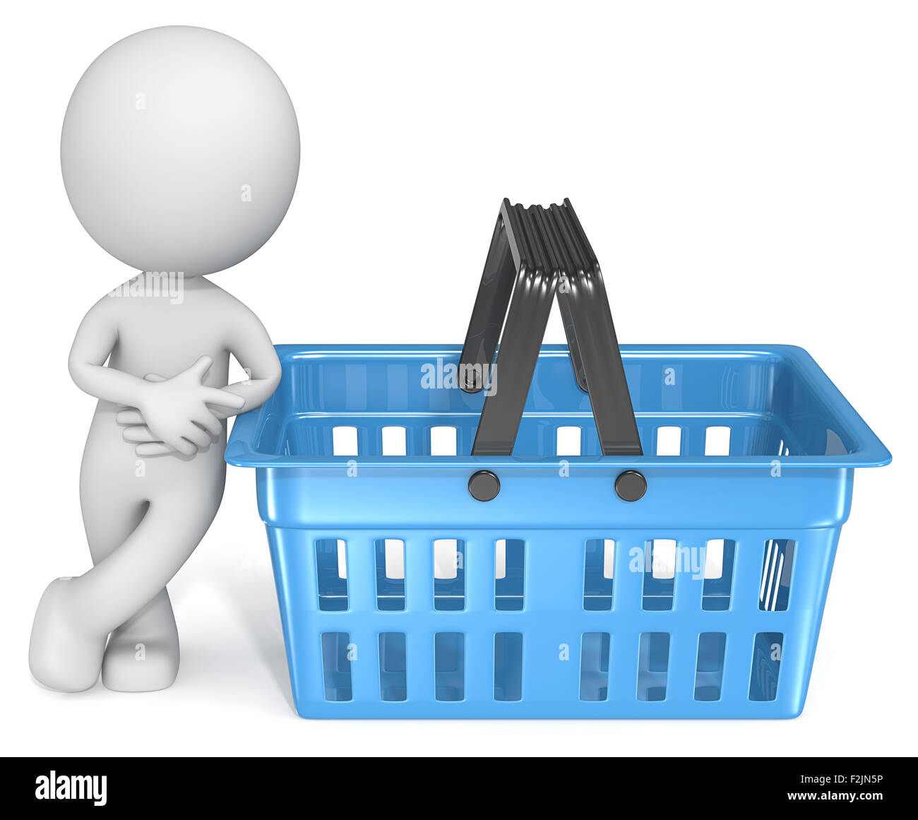 Dude 3D character leaning against Blue Shopping Basket pointing Stock ...