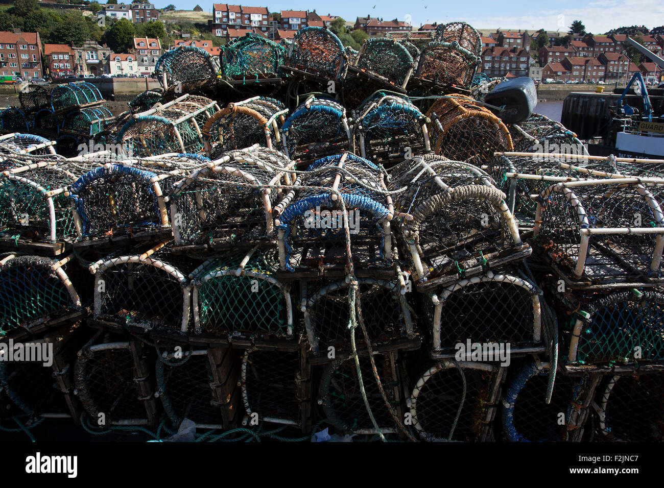 Lobster pots on the quayside at the harbour in Whitby, a seaside town, port in the county of North Yorkshire, originally the Nor Stock Photo