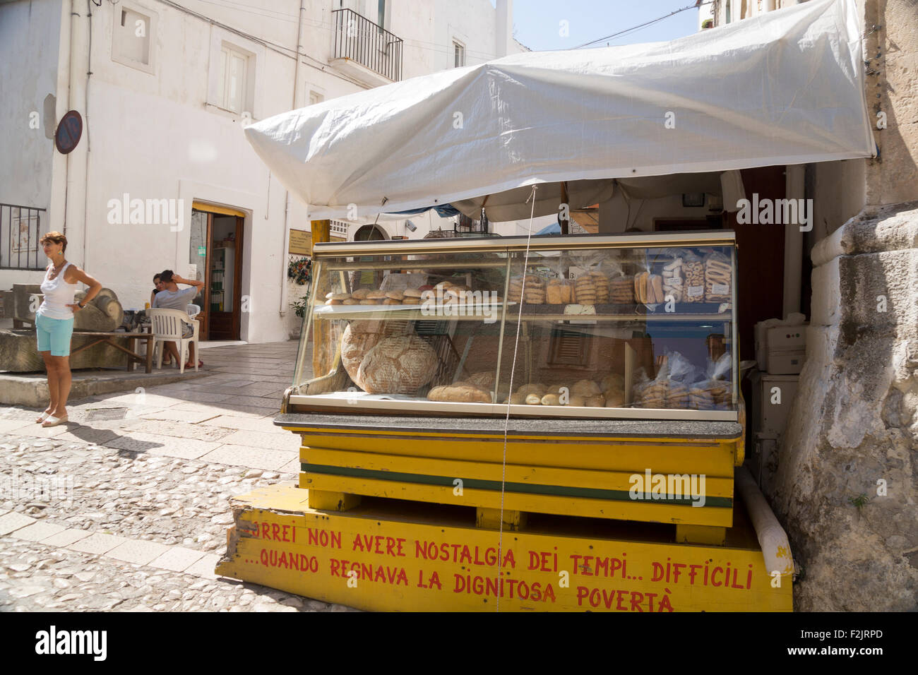 Peschici Apulia bakery display case with loaves of brown bread Stock Photo