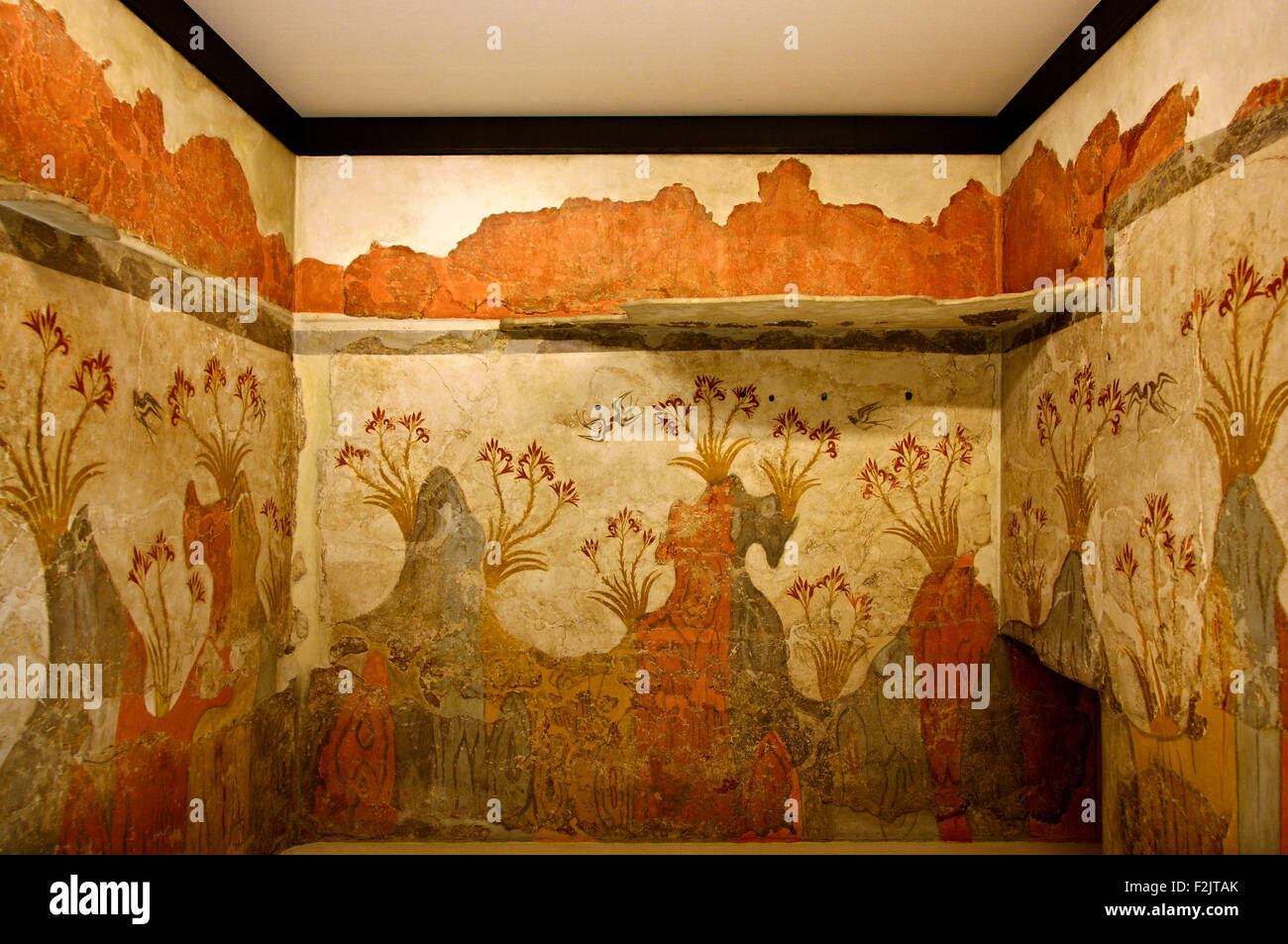 The 'Spring' fresco from the archaeological site of Akrotiri, (Santorini) in the National Archaeological Museum of Athens. Stock Photo