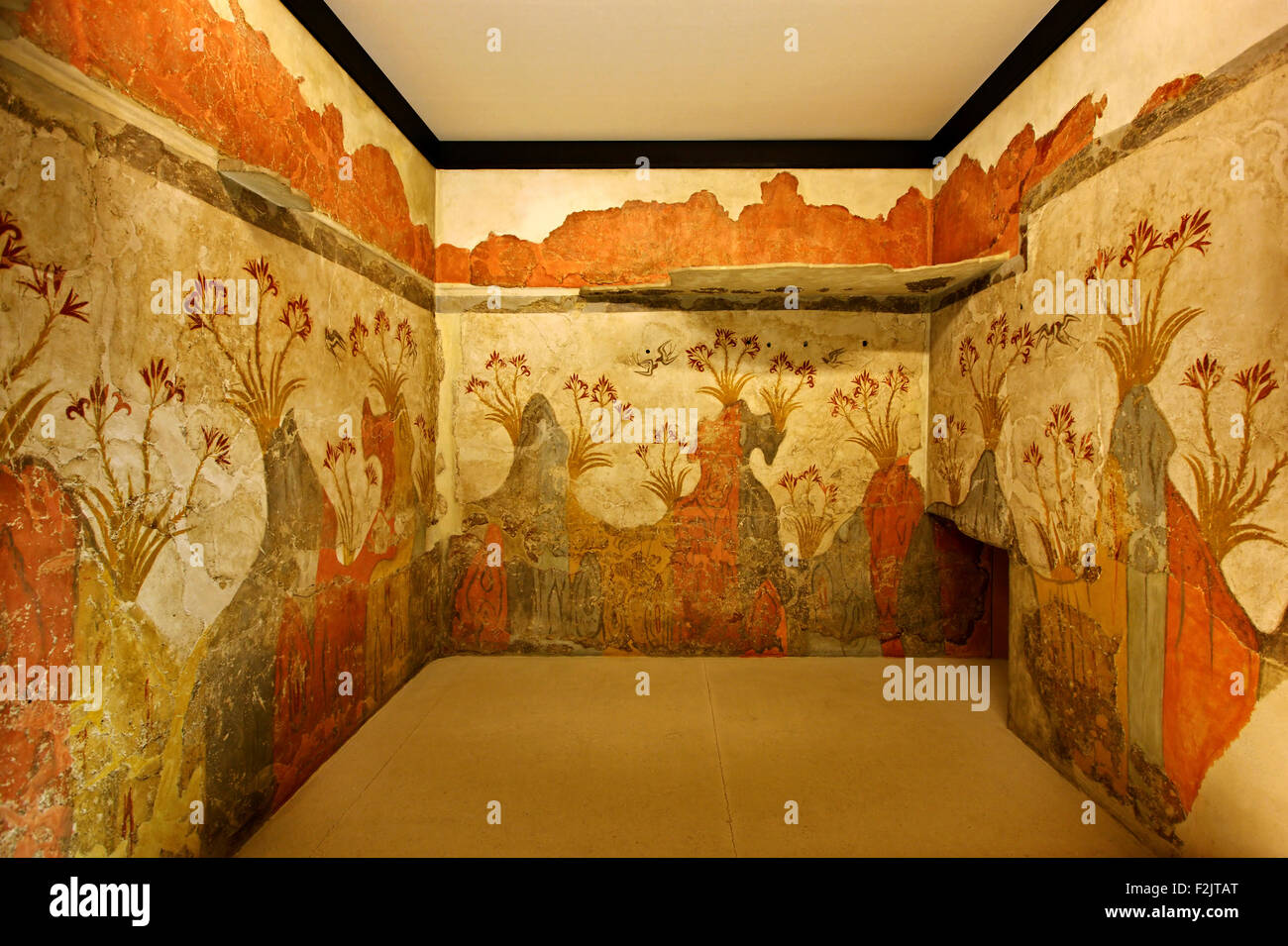 The 'Spring' fresco from the archaeological site of Akrotiri, (Santorini) in the National Archaeological Museum of Athens. Stock Photo