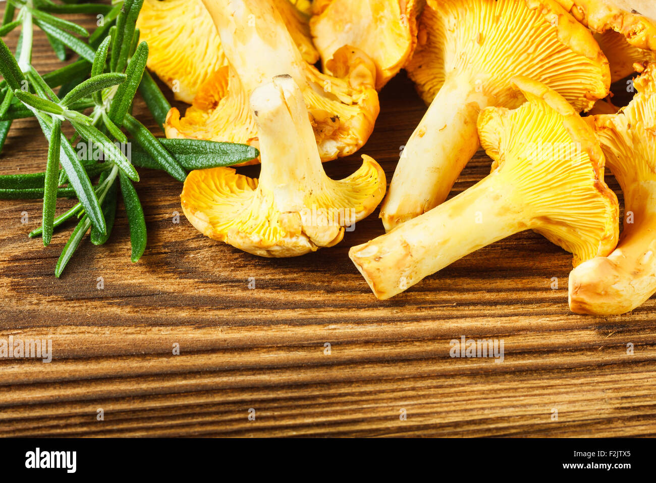 Yellow chanterelles on wooden table Stock Photo