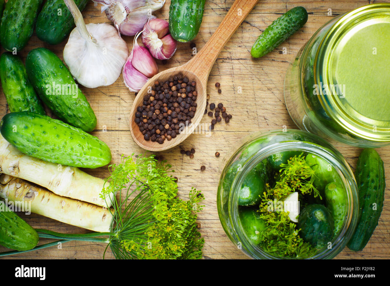 Preparations to make homemade pickles with garlic, dill and horseradish on woodboard Stock Photo