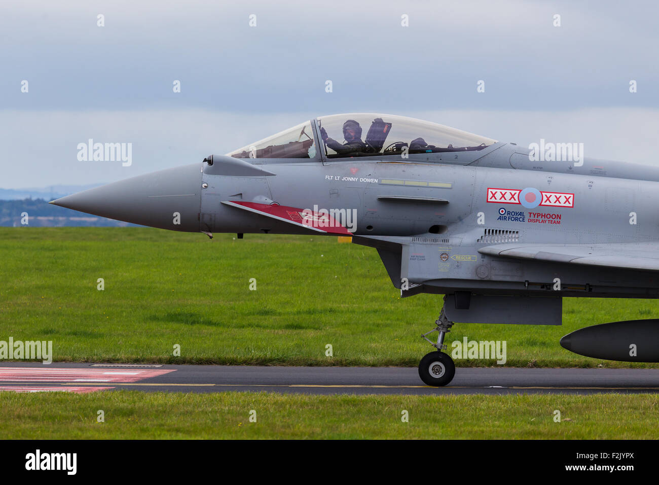 RAF Typhoon awaits clearance to proceed onto the runway Stock Photo