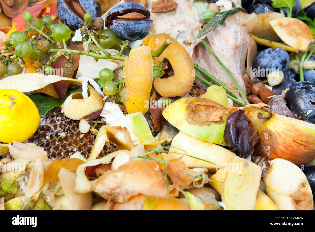 Compost bin in the garden. Composting pile of rotting kitchen fruits and vegetable scraps Stock Photo