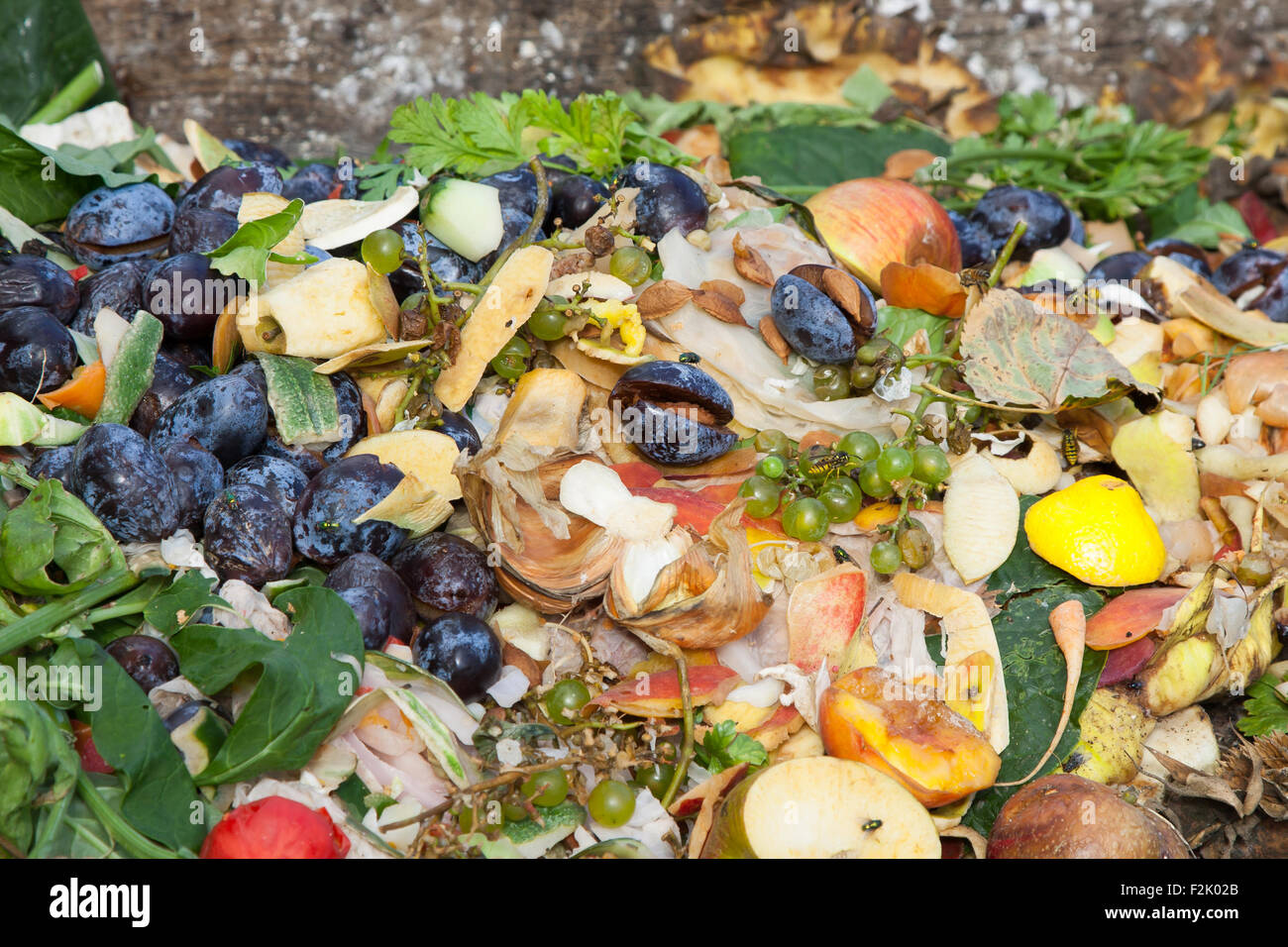 Compost bin in the garden. Composting pile of rotting kitchen fruits and vegetable scraps Stock
