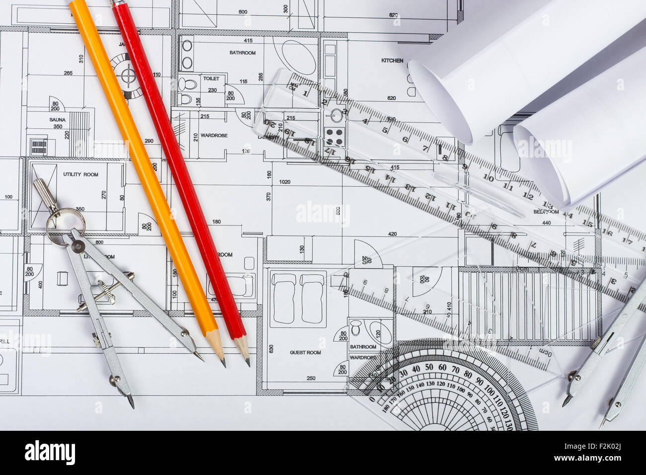 Architectural plans, pencils and ruler Stock Photo