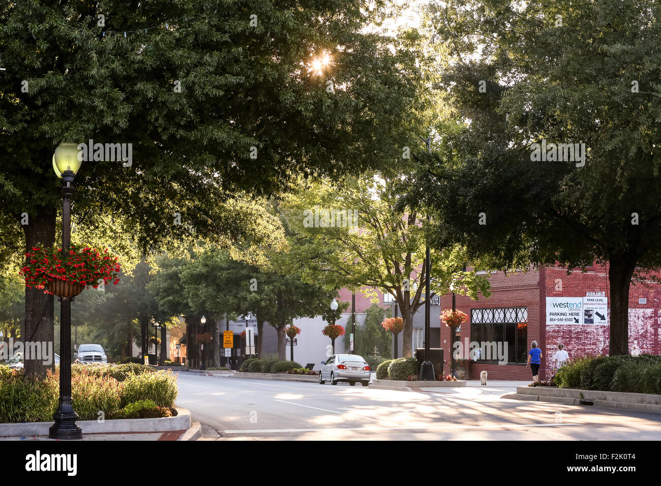 Shops in West End Historic District on Main Street in downtown Greenville, South Carolina. Stock Photo