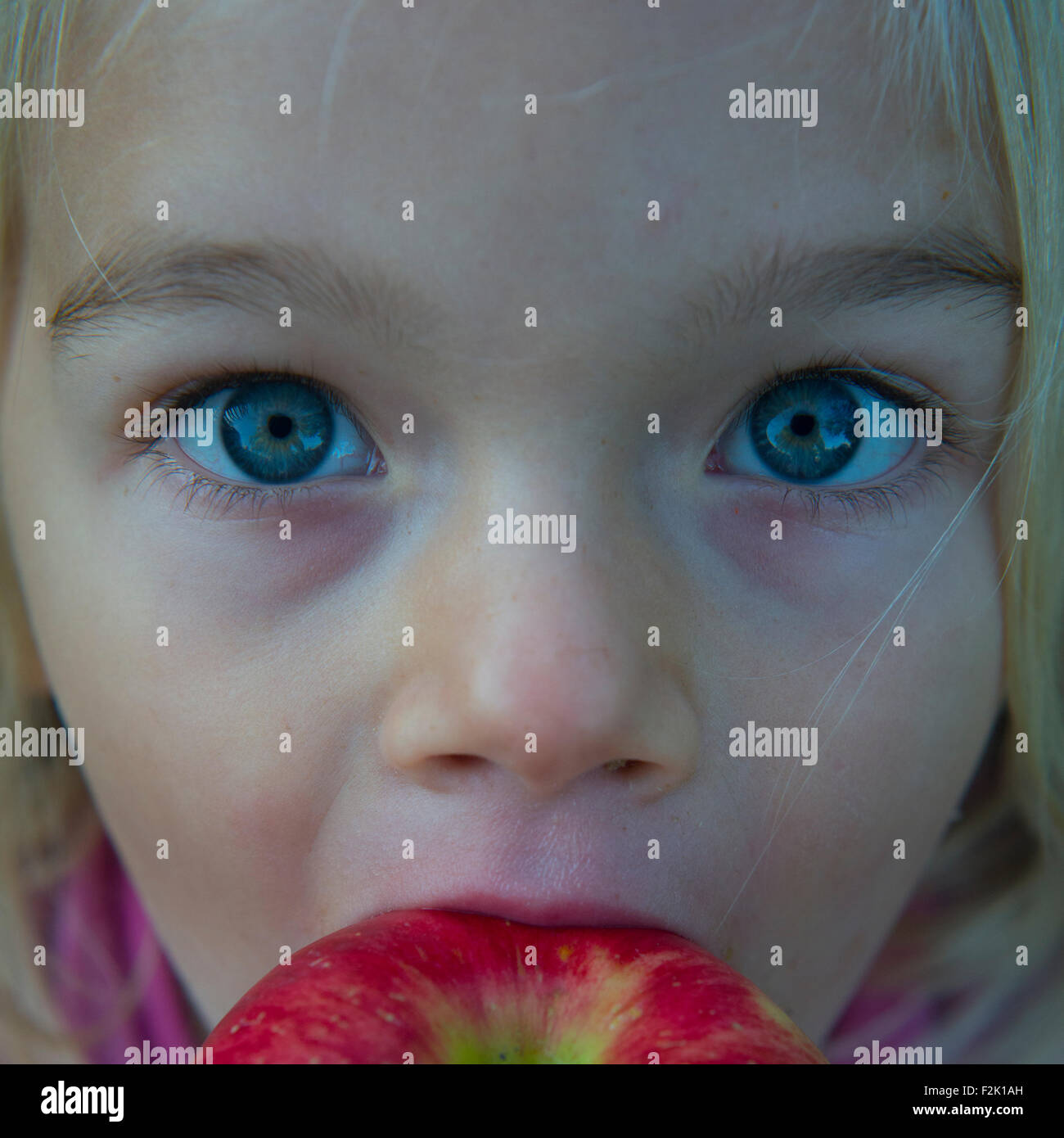 Child blond Girl eating apple, close up Stock Photo